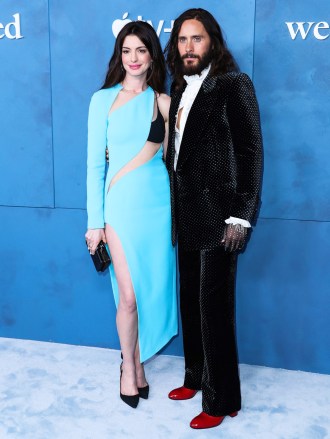 American actress Anne Hathaway wearing Aquazzura heels and Bulgari jewels and American actor Jared Leto wearing a studded Gucci suit and gloves arrive at the Global Premiere Of Apple TV+'s 'WeCrashed' held at the Academy Museum of Motion Pictures on March 17, 2022 in Los Angeles, California, United States.
Global Premiere Of Apple TV+'s 'WeCrashed', Academy Museum of Motion Pictures, Los Angeles, California, United States - 18 Mar 2022