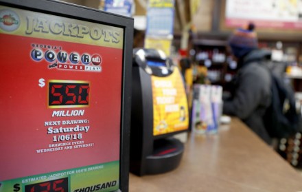 A sign advertises the Powerball lottery jackpot at a store in Atlanta, . An estimated $550 million jackpot is up for grabs on Saturday night's Powerball lottery drawing, making it potentially the 8th largest prize in the nation
Powerball Jackpot, Atlanta, USA - 04 Jan 2018