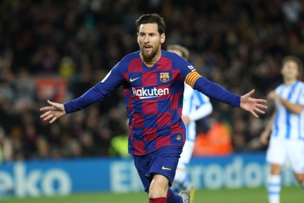 Editorial Use Only
Mandatory Credit: Photo by Joma Garcia/Action Plus/Shutterstock (10576688e)
7th March 2020; Camp Nou, Barcelona, Catalonia, Spain; La Liga Football, Barcelona versus Real Sociedad; Lionel Messi celebrates after scoring from a penalty kick for 1-0 in the 81st minute
Barcelona v Real Sociedad, La Liga, Football, Camp Nou, Spain - 07 Mar 2020
