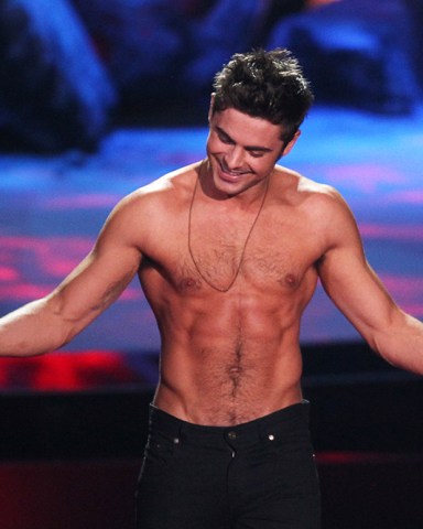 Zac Efron accepts the award for best shirtless performance for That Awkward Moment on stage at the MTV Movie Awards, at Nokia Theatre in Los Angeles
2014 MTV Movie Awards - Show, Los Angeles, USA - 13 Apr 2014