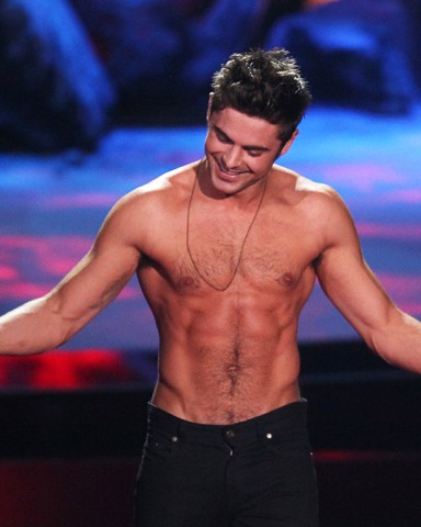 Zac Efron accepts the award for best shirtless performance for That Awkward Moment on stage at the MTV Movie Awards, at Nokia Theatre in Los Angeles 2014 MTV Movie Awards - Show, Los Angeles, USA - 13 Apr 2014