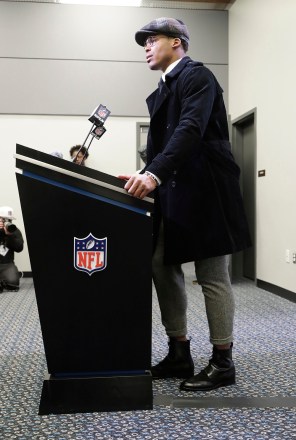 Carolina Panthers' Cam Newton speaks to the media after an NFL football game against the Seattle Seahawks in Charlotte, N.C
Seahawks Panthers Football, Charlotte, USA - 25 Nov 2018
