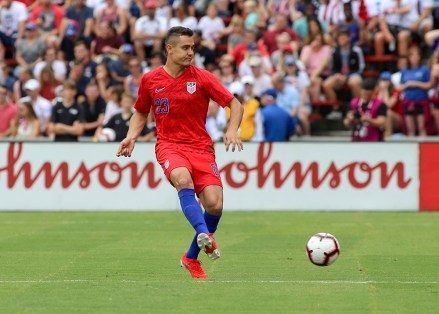 USMNT player Aaron Long throws the ball during an international friendly soccer match between United States Men's National Team and Venezuela National Soccer Team at Nippert Stadium in Cincinnati, Ohio Soccer Venezuela vs USMNT, Cincinnati, USA - June 9, 2019