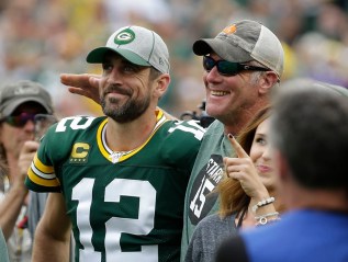 Green Bay Packers' Aaron Rodgers smiles with former quarterback Brett Favre during halftime of an NFL football game against the Minnesota Vikings, in Green Bay, Wis
Vikings Packers Football, Green Bay, USA - 15 Sep 2019