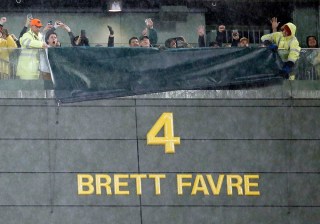 Brett Favre's retired No. 4 and name were unveiled inside Lambeau Field during the ceremony at halftime of an NFL football game between the Green Bay Packers and Chicago Bears, in Green Bay, Wis
Bears Packers Football, Green Bay, USA