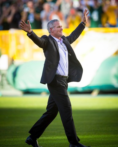 Former Green Bay Packers NFL football quarterback Brett Favre at Lambeau Field prior to his induction in to the Packers Hall of Fame and having his No. 4 jersey retired, at Lambeau Field in Green Bay, Wis
Packers Favre, Green Bay, USA - 18 Jul 2015