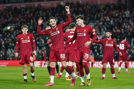 Liverpool players celebrate after winning the English FA Cup Fourth Round replay soccer match between Liverpool and Shrewsbury Town at Anfield Stadium, Liverpool, England, . Liverpool won 1-0
Soccer FA Cup, Liverpool, United Kingdom - 04 Feb 2020