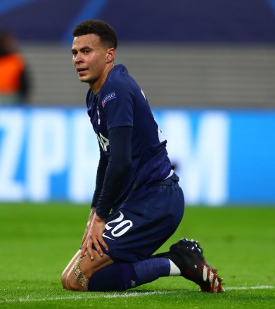 Editorial Use Only
Mandatory Credit: Photo by Kieran McManus/BPI/Shutterstock (10577601bb)
Dele Alli of Tottenham Hotspur feels the pain from an injury
RB Leipzig v Tottenham Hotspur, UEFA Champions League, Round of 16, 2nd Leg, Football, Red Bull Arena, Germany - 10 Mar 2020