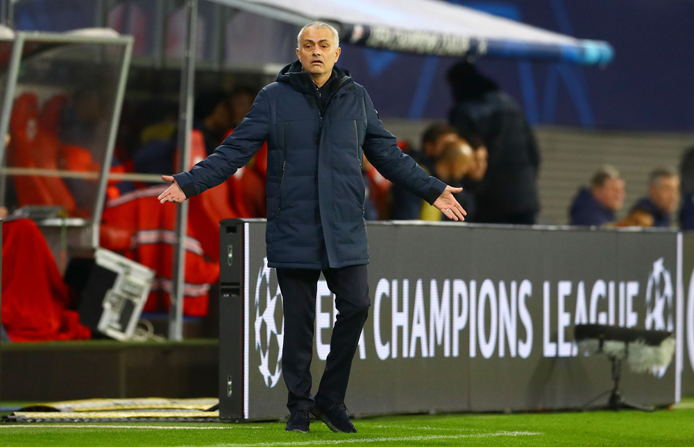 Editorial Use Only
Mandatory Credit: Photo by Kieran McManus/BPI/Shutterstock (10577601ao)
Tottenham Hotspur manager Jose Mourinho shows a look of frustration
RB Leipzig v Tottenham Hotspur, UEFA Champions League, Round of 16, 2nd Leg, Football, Red Bull Arena, Germany - 10 Mar 2020