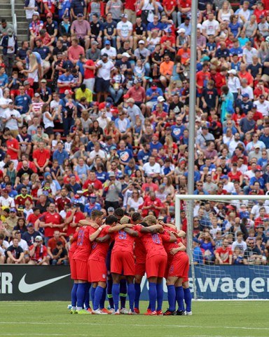 USMNT players huddle prior to the start of an international friendly soccer game between the US Men's National Team and the Venezuela National Football Team at Nippert Stadium in Cincinnati, Ohio Soccer Venezuela vs USMNT, Cincinnati, USA - 09 Jun 2019