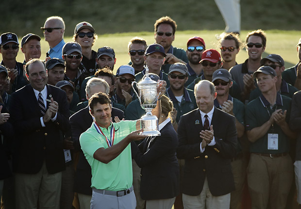 Copyright 2017 The Associated Press. All rights reserved. This material may not be published, broadcast, rewritten or redistributed without permission.
Mandatory Credit: Photo by AP/REX/Shutterstock (8872026fi)
Brooks Koepka holds up the winning trophy after the U.S. Open golf tournament, at Erin Hills in Erin, Wis
US Open Golf, Erin, USA - 18 Jun 2017