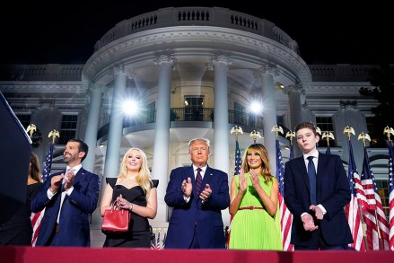 From left, Donald Trump Jr., Tiffany Trump, President Donald Trump, first lady Melania Trump and Barron Trump stand on the South Lawn of the White House on the fourth day of the Republican National Convention, Thursday, Aug. 27, 2020, in Washington. (AP Photo/Evan Vucci)