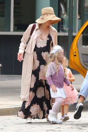Blake Lively shows her baby bump in a floral dress while hailing a cab with her daughters, Inez and James in Downtown Manhattan. Blake was all smiles as she was seen chatting with a friend while her daughters were dressed in costumes and played around her. 05 Aug 2019 Pictured: Blake Lively. Photo credit: LRNYC / MEGA TheMegaAgency.com +1 888 505 6342 (Mega Agency TagID: MEGA478808_007.jpg) [Photo via Mega Agency]