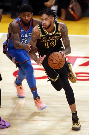Brandon Ingram and Paul George
Oklahoma City Thunder at Los Angeles Lakers, USA - 08 Feb 2018
Los Angeles Lakers forward Brandon Ingram (R) in action against Oklahoma City Thunder forward Paul George (L) in the first half of the NBA basketball game between the Oklahoma City Thunder and the Los Angeles Lakers at the Staples Center in Los Angeles, California, USA, 08 February 2018.