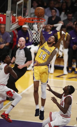 Brandon Ingram, Justin Holiday and Jerian Grant
Chicago Bulls at Los Angeles Lakers, USA - 21 Nov 2017
Los Angeles Lakers Brandon Ingram (C) slam dunks against Chicago Bulls Justin Holiday (L) and Jerian Grant (R) in the first half of their NBA basketball game in Los Angeles, California, USA, 21 November 2017.