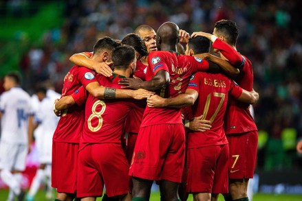 Portuguese team celebrate their third goal
Portugal V Luxembourg, Football, European Championship 2020 Qualifying Round, Lisbon, Portugal - 11 Oct 2019