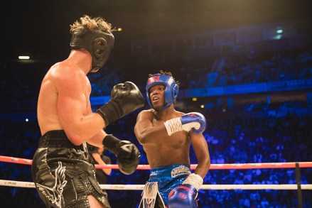 Youtube personalities Logan Paul and KSI. Logan Paul v KSI, Boxing match, Manchester Arena, UK - 25 Aug 2018 Youtube personality Logan Paul fights fellow Youtuber KSI in front of thousands at the Manchester arena.  The two internet celebrities have been feuding for months online.  The fight is seen as a victory for youtube, the fight livestreamed to millions online.