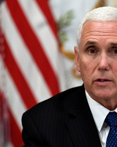 Vice President Mike Pence speaks during a meeting in the Vice President's Ceremonial Office on the White House complex in Washington, with family members of the six Citgo executives currently detained in Venezuela
Trump US Venezuela, Washington, USA - 02 Apr 2019