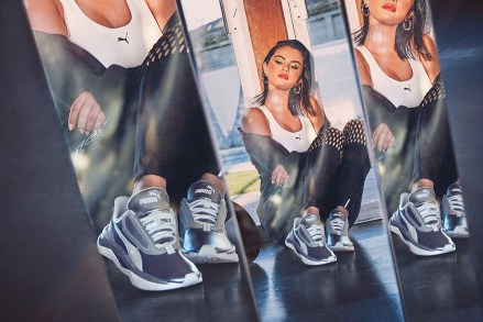Selena Gomez works up a sweat for Puma - as she models the sportswear giant's new LQD CELL Shatter XT Metal shoe. "This provocative silhouette shatters stereotypes in the gym, the streets, and everywhere in between," the brand said. The new line is available now from puma.com and select retailers. Selena, 27, poses in leggings and gym wear as she shows off the new trainers / sneakers. Editorial use only Please credit Courtesy of Puma/MEGA. 02 Oct 2019 Pictured: Selena Gomez for PUMA LQD CELL Shatter XT Metal. Photo credit: Courtesy of Puma/MEGA TheMegaAgency.com +1 888 505 6342 (Mega Agency TagID: MEGA518365_002.jpg) [Photo via Mega Agency]