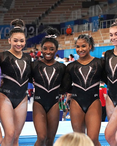 United States Artistic Gymnasts Simone Biles, center, poses for a group photo after their practice session at Ariake Gymnastics Centre before the start of the Tokyo Olympic Games in Tokyo, Japan, on Thursday July 22, 2021. Standing from left to right are: Mykayla Skinner, Sunisa Lee, Simone Biles, Jordan Chiles, Grace McCallum and Jade Carey. Tokyo Olympics, Japan - 22 Jul 2021