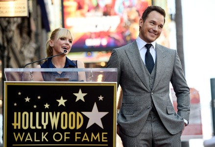Actor Chris Pratt, right, reacts as his wife, actress Anna Faris, delivers a speech during a ceremony to award him a star on the Hollywood Walk of Fame, in Los Angeles
Chris Pratt Honored with a Star on the Hollywood Walk of Fame, Los Angeles, USA - 21 Apr 2017