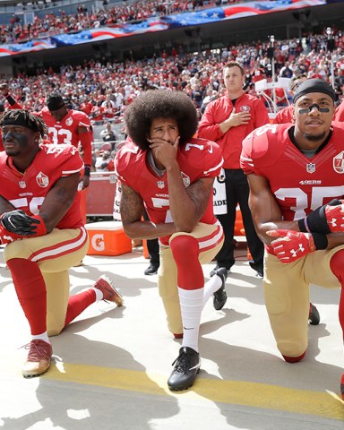 Eli Harold, Colin Kaepernick, Eric Reid. San Francisco 49ers outside linebacker Eli Harold, left, quarterback Colin Kaepernick, center, and safety Eric Reid kneel during the national anthem before an NFL football game against the Dallas Cowboys in Santa Clara, Calif., . From gambling suspensions of Paul Hornung and Alex Karras in the 1960s to Colin Kaepernick and other players kneeling during the national anthem, the NFL always seems to overcome controversies
NFL at 100 Scandals Football, Santa Clara, USA - 02 Oct 2016