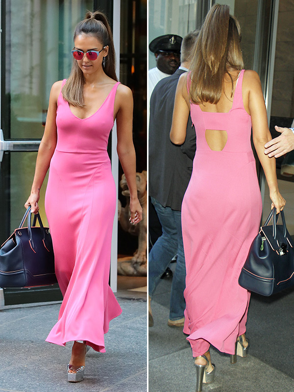 [PICS] Jessica Alba’s Pink Dress — Goes Braless & Channels Barbie ...