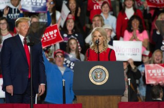 Counselor to the President Kellyanne Conway (C) speaks next to US President Donald Trump (L) gestures during a rally at the Wildwoods Convention Center in Wildwood, New Jersey, USA, 28 January 2020. Trump is holding the rally to show support for congressman Jeff Van Drew, who switched from the democratic to the republican party in protest of the impeachment vote.
US President Donald J. Trump holds rally in New Jersey, Wildwood, USA - 28 Jan 2020
