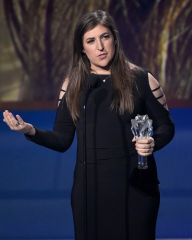 Mayim Bialik accepts the award for best supporting actress in a comedy series for "The Big Bang Theory" at the 23rd annual Critics' Choice Awards at the Barker Hangar, in Santa Monica, Calif 23rd Annual Critics' Choice Awards - Show, Santa Monica, USA - 11 Jan 2018