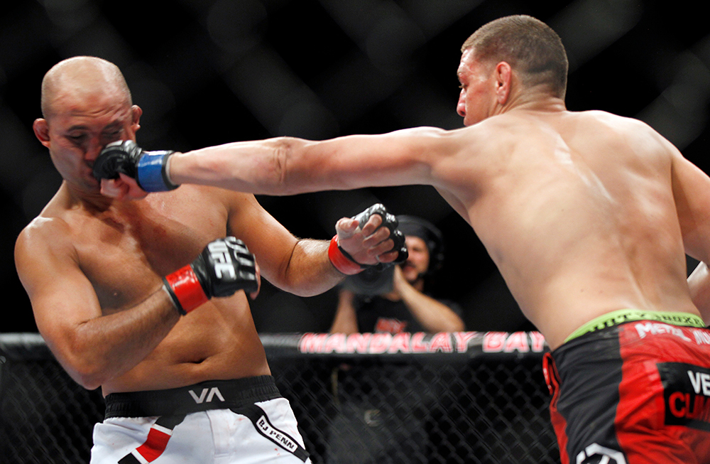 BJ Penn, Nick Diaz. Nick Diaz, right, punches BJ Penn during a mixed martial arts welterweight bout, in Las Vegas. Diaz won by unanimous decision
MMA UFC 137 Penn Diaz, Las Vegas, USA - 29 Oct 2011