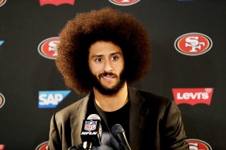 This Dec. 24, 2016 photo shows San Francisco 49ers quarterback Colin Kaepernick talking during a news conference after an NFL football game against the Los Angeles Rams. Kaepernick filed a grievance against the NFL on alleging that he remains unsigned as a result of collusion by owners following his protests during the national anthemKaepernick-Grievance Football, Los Angeles, USA - 25 Dec 2016