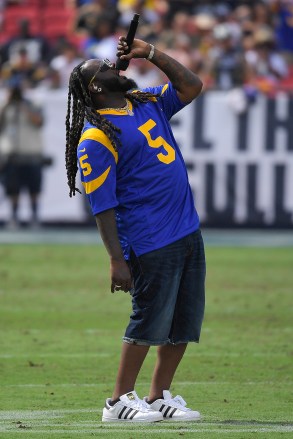 T-Pain performs during half-time during an NFL football game between the Los Angeles Rams and the New Orleans Saints, in Los Angeles
Saints Rams Football, Los Angeles, USA - 15 Sep 2019
