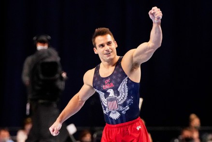 Sam Mikulak celebrates after competing in the floor exercise during the men's U.S. Olympic Gymnastics Trials, in St. Louis
US Gymnastics Olympic Trials, St. Louis, United States - 26 Jun 2021