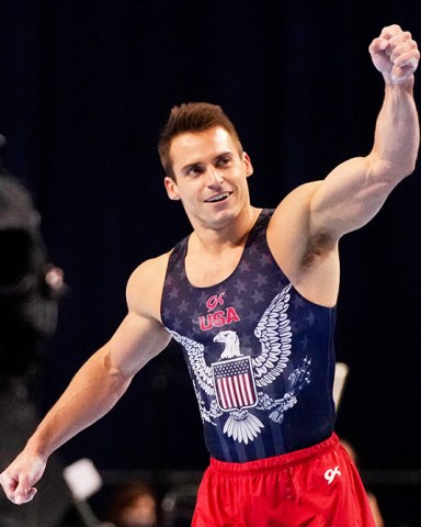 Sam Mikulak celebrates after competing in the floor exercise during the men's U.S. Olympic Gymnastics Trials, in St. Louis
US Gymnastics Olympic Trials, St. Louis, United States - 26 Jun 2021