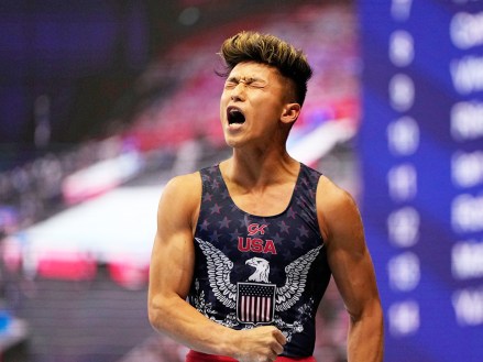 Yul Moldauer celebrates after competing on the parallel bars during the men's U.S. Olympic Gymnastics Trials, in St. Louis
US Gymnastics Olympic Trials, St. Louis, United States - 26 Jun 2021