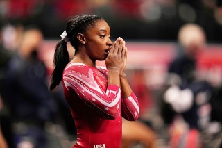 Simone Biles prepares for the floor exercise during the women's U.S. Olympic Gymnastics Trials, in St. Louis
US Gymnastics Olympic Trials, St. Louis, United States - 27 Jun 2021
