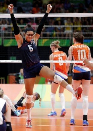 United States' Rachael Adams (5) celebrates with her team after scoring against the Netherlands during a women's bronze medal volleyball match at the 2016 Summer Olympics in Rio de Janeiro, Brazil
Rio 2016 Olympic Games, Volleyball, Maracanazinho, Brazil - 20 Aug 2016