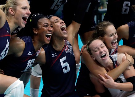 Members of the the United States team celebrate after defeating the Netherlands during a women's bronze medal volleyball match at the 2016 Summer Olympics in Rio de Janeiro, Brazil, . The United States won 3-1
Rio 2016 Olympic Games, Volleyball, Maracanazinho, Brazil - 20 Aug 2016