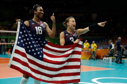 United States' Foluke Akinradewo (16) and Courtney Thompson celebrate a win after a women's bronze medal volleyball match against the Netherlands at the 2016 Summer Olympics in Rio de Janeiro, Brazil
Rio 2016 Olympic Games, Volleyball, Maracanazinho, Brazil - 20 Aug 2016