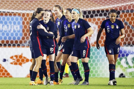 USA players celebrate during the women's international friendly soccer match between the Netherlands and the United States at the Rat Verlegh Stadium in Breda, The Netherlands, 27 November 2020.Netherlands vs USA, Breda - 27 Nov 2020