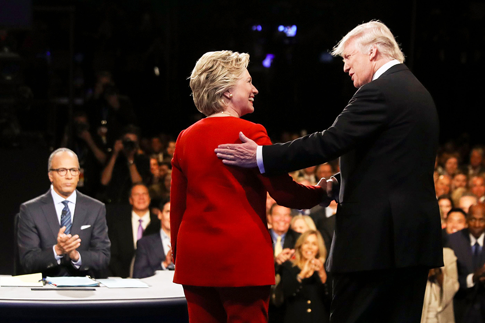 Democratic presidential nominee Hillary Clinton and Republican presidential nominee Donald Trump shake hands during the presidential debate at Hofstra University in Hempstead, N.Y
Campaign 2016 Debate - 26 Sep 2016