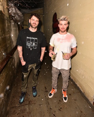 PARK CITY, UTAH - JANUARY 26: The Chainsmokers - Andrew Taggart, Alex Pall pose backstage during the 2020 SNOWFEST at Park City Live during the Sundance Film Festival on January 26, 2020 in Park City, Utah. Photo: Casey Flanigan/imageSPACE/Sipa USA(Sipa via AP Images)