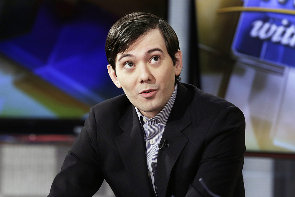 Former Turing Pharmaceuticals CEO Martin Shkreli is interviewed by host Maria Bartiromo during her "Mornings with Maria Bartiromo" program on the Fox Business Network, in New York, Tuesday, Feb. 2, 2016. (AP Photo/Richard Drew)