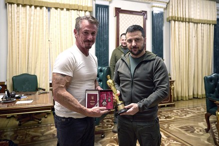 Ukrainian President Volodymyr Zelenskyy meets with the Hollywood actor and philanthropist Sean Penn, during a visit to the Ukrainian capital of Kyiv, Ukraine, on November 8, 2022. Penn gifted Zelenskyy with one of his personal Oscar statuettes, saying, "When you win, bring it back to Malibu." Photo via Ukrainian Presidential Press Office/UPI
Hollywood Celebrity Sean Penn Meets with Ukrainian President Zelenskyy in Kyiv, Ukraine - 08 Nov 2022