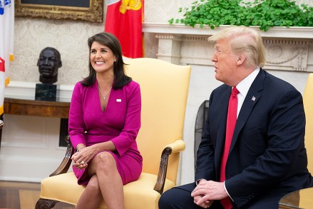 President Donald Trump and U.S. Ambassador to the United Nations Nikki Haley meet in the Oval Office of the White House to announce Haley's resignation.
US Ambassador to the United Nations Nikki Haley announces retirement, Washington DC, USA - 09 Oct 2018