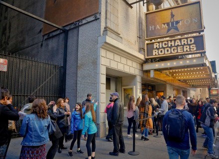 Hamilton People line-up to see the Broadway play "Hamilton,", in New York. President-elect Donald Trump demanded an apology from the cast of the hit musical a day after an actor lectured Vice President-elect Mike Pence about equality, prompting angry responses from liberals and conservatives
Pence-Hamilton, New York, USA - 19 Nov 2016