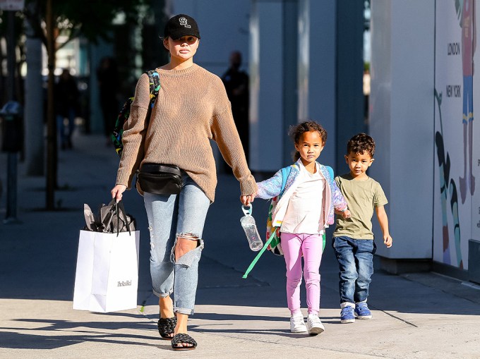 Chrissy Teigen with daughter Luna and son Miles runs errands in West Hollywood