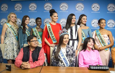 Miss world 2017 Manushi Chhillar, Stephanie Del Valle of Puerto Rico (Miss World 2016), Magline Jeruto (Miss World Africa), Ha Eun Kim (Miss World Asia), Annie Dian Evans (Miss World Oceania), Stephanie Jayne Hill (Miss World Europe), Solange Johnson Sinclair (Miss World Caribbean), Alma Andrea Meza Carmona (Miss World Americas) and Julia Morley, chairman and owner of the Miss World Organisation
Miss World Europe 'Beauty with a Purpose' and 'Freedom from Shame' event, New Delhi, India - 06 Feb 2018