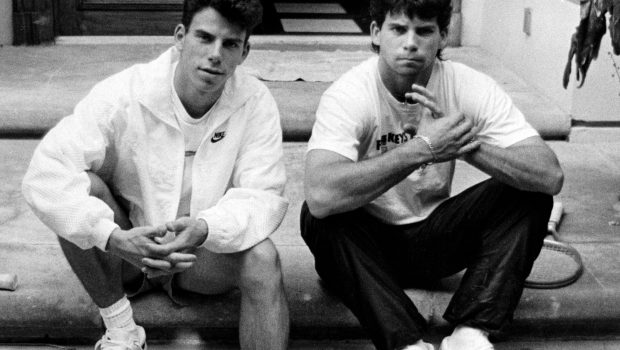 Menendez brothers, Erik, left, and Lyle on the steps of their Beverly Hills home