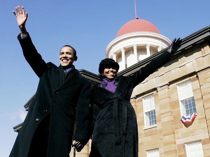 Barack & Michelle Obama Wave to Constituents